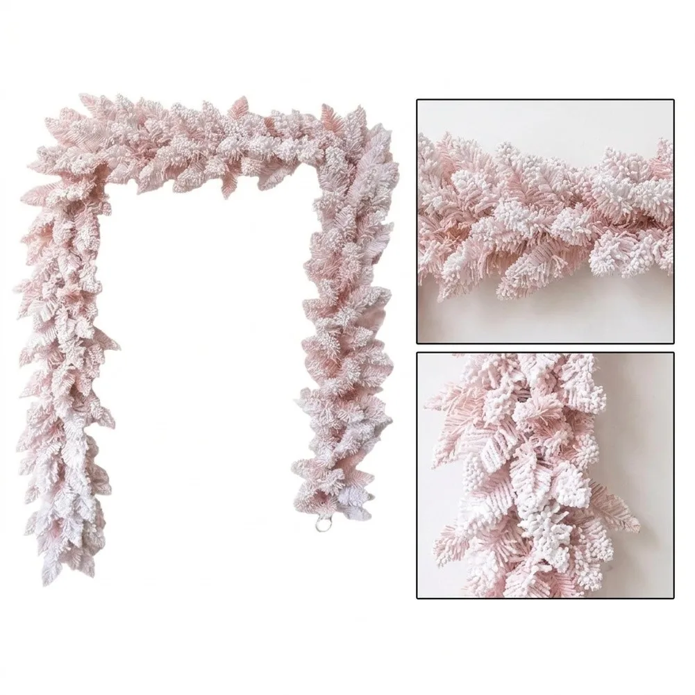 Artificial pink pine garland with soft flocked snow layer for Christmas front door mantel and romantic event styling