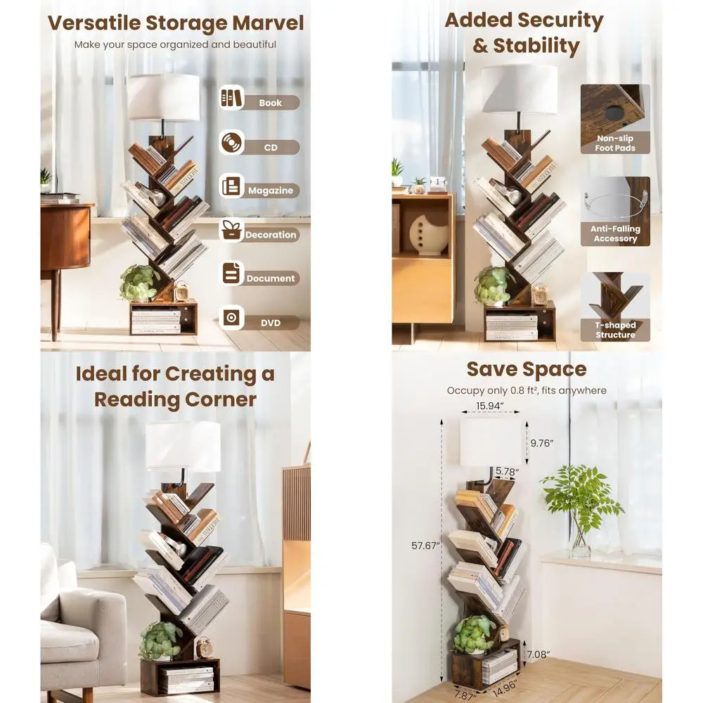 

Rustic Brown 6-Tier Corner Bookshelf with Lighting, Compact Storage Cabinet, Ideal for Home Office & Living Spaces