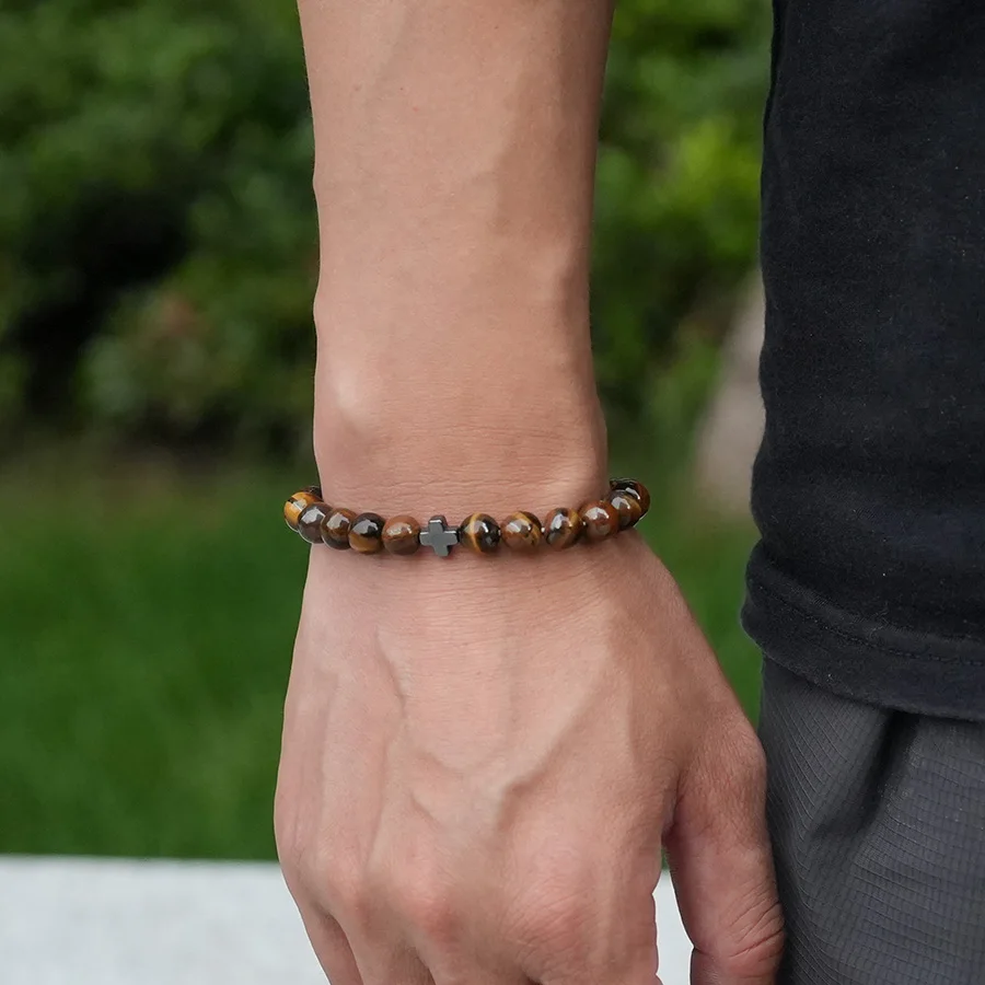 

Stylish Men Apparel Accessories Bracelet Natural Tiger Eyes Hematite Howlite Stone Cross Beads Braslet Homme Daily Decoration