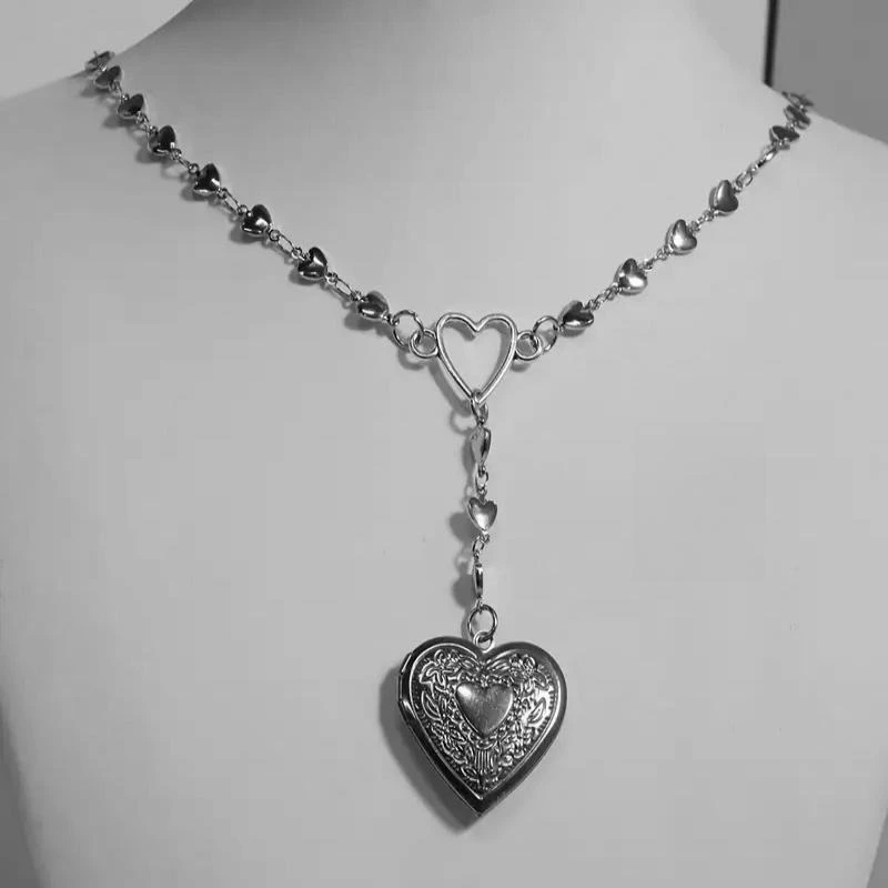 Y2k Goth Heart Photo Box Necklace Punk Bow Bat Heart-Shaped Beads Charms Chain Jewelry Accessories Gifts For Women Friends