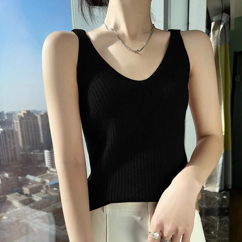 SZDYQH New Women Sexy 100% Cashmere High Elasticity Vest Crop Fashion Tops V-Neck Tank Soft Warm Ladies Knit Bottoming Camisole