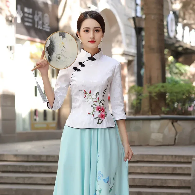 2024년 여성 치파오 드레스 중국식 치옹삼 상의 린넨 스커트 빈티지 꽃무늬 자수 탕복 우아한 플러스 사이즈 블라우스 여성용