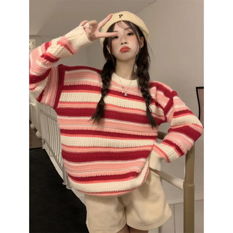 

Women Blue Clothing Vintage Knitting Sweater Red Cartoon Long Sleeve Casual Korean Fashion Baggy Female 2023 Winter Stripe Tops