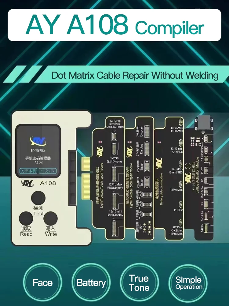 A108 BOX Face ID True Tone Battery Programmer, Dot Projector, Read and Write, Dot Matrix, Repair Flex, iPhone X-14 Pro MAX