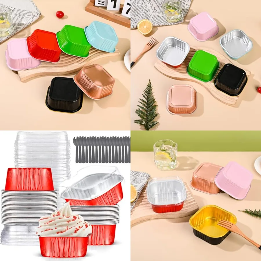 Moldes para Mini Pasteles con Tapas de 10 oz, Paquete de 40 Moldes Cuadrados de Papel de Aluminio para Cupcakes, Moldes para Hornear Brownies, Desechables, 4x4, Grandes