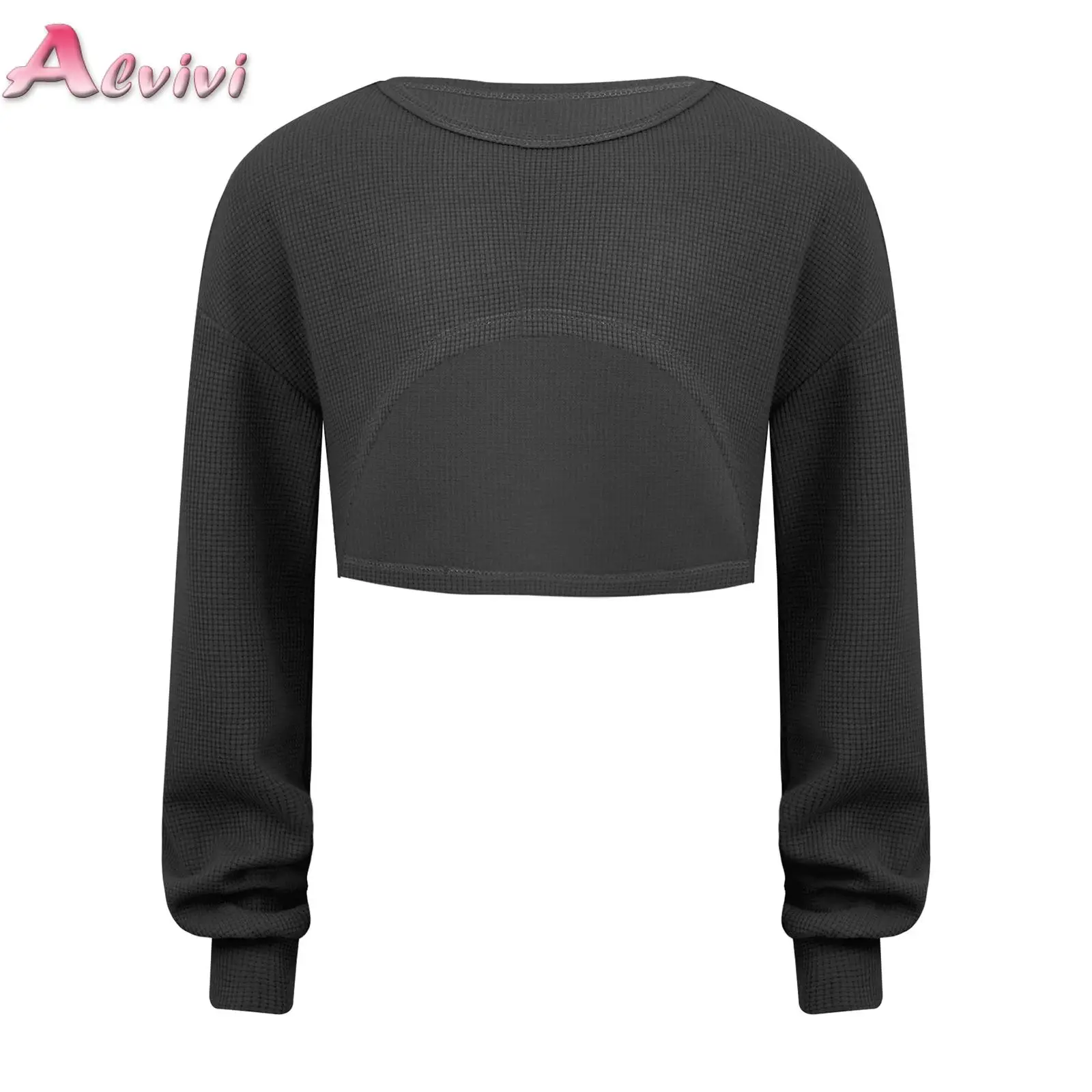 

T-shirts Kids Girls Long Sleeve Crop Top Spring Autumn Y2k Aesthetic Clothes Black White Waffle Pullover Sweatshirt 6 8 10 12 14