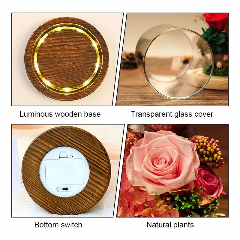 E2 LED Preserved Roses in Glass Dome Eternal Natural Flowers Forever Love Wedding Favor For Woman Mother Valentine Day Gift Bear