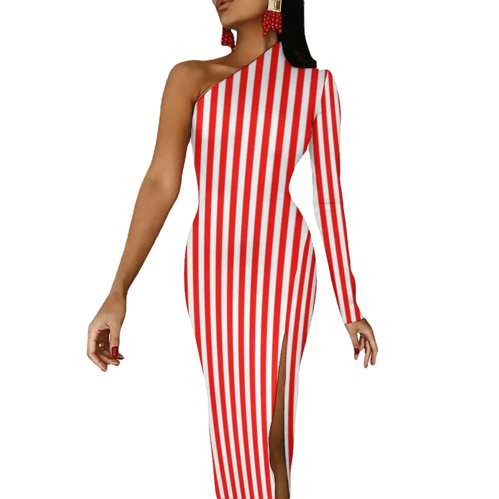 Red And White Striped Long Dress Female Slimming Stripes Print Aesthetic Maxi Dress Elegant Bodycon Dresses High Slit Vestido