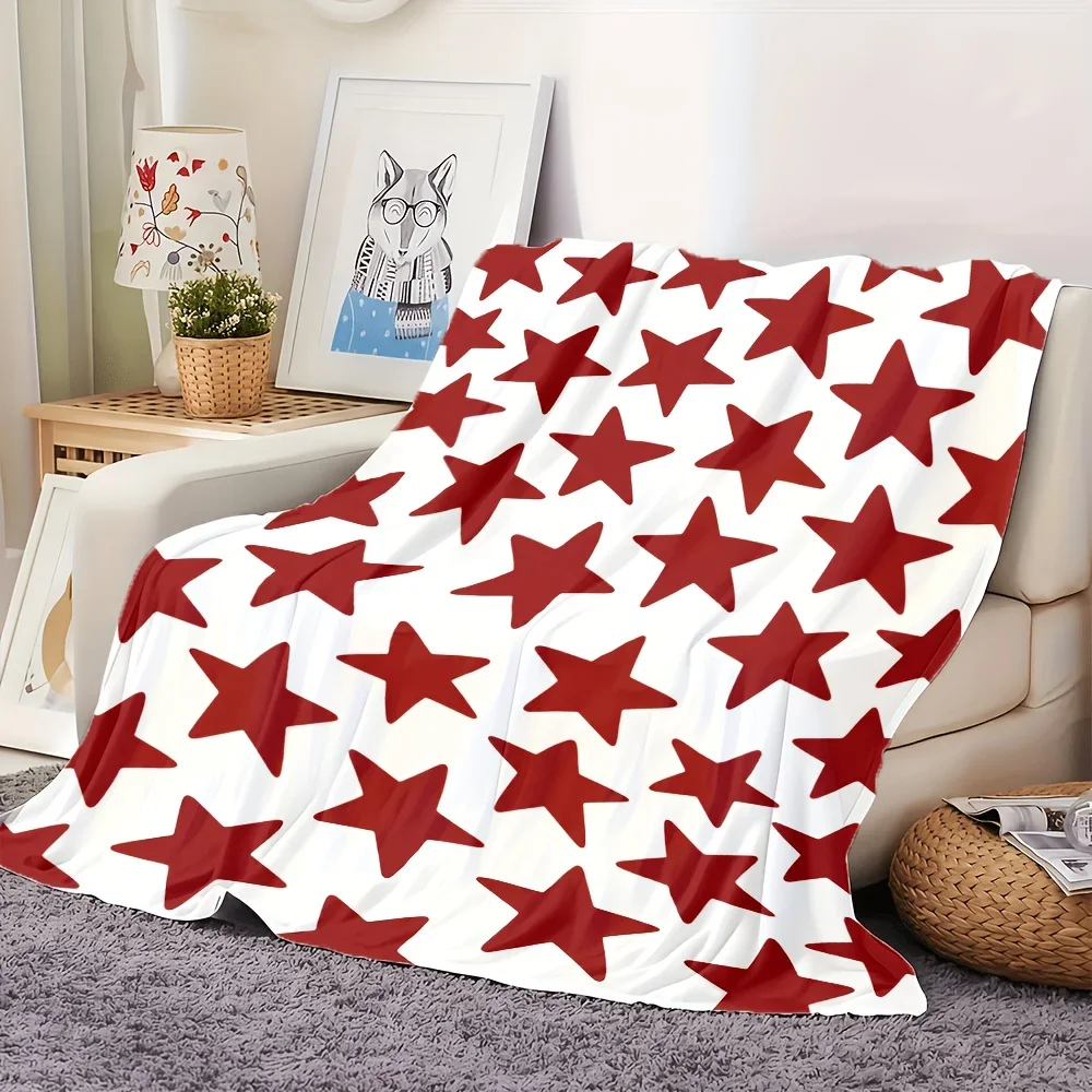 Red Five Pointed Star Printed Flannel Blanket Ultra Soft Cozy Premium Plush All Season Use 280Gsm For Bedroom Sofa Home Goods