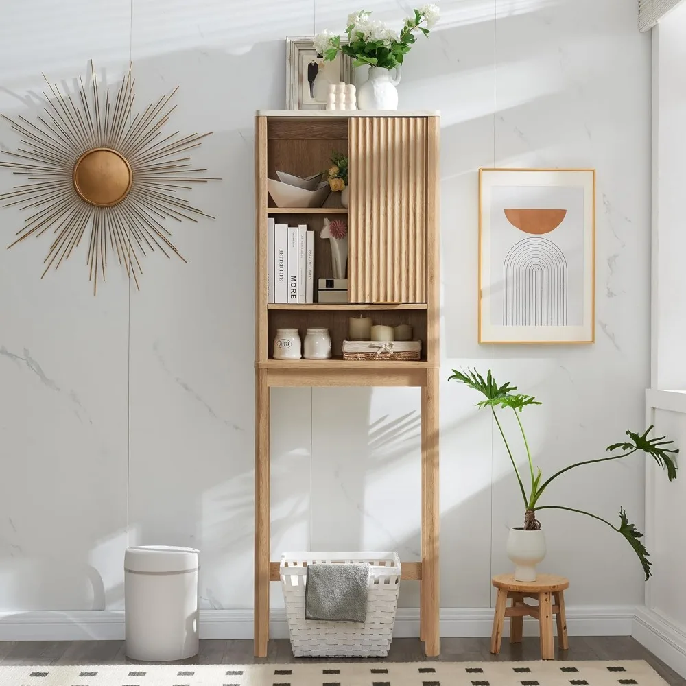 The Toilet Storage Cabinet with Fluted Sliding Door, Wood Space Saver w/Faux Marble Top & Adjustable Shelf