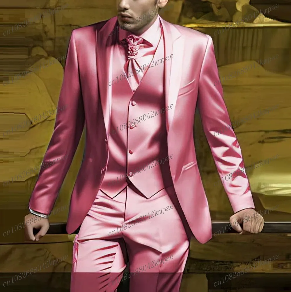 

New Pink Acetate Satin Formal Men Suit Groom Groomsman Wedding Party Prom Business Male Tuxedos 3 Piece Set Blazer Veest Pants
