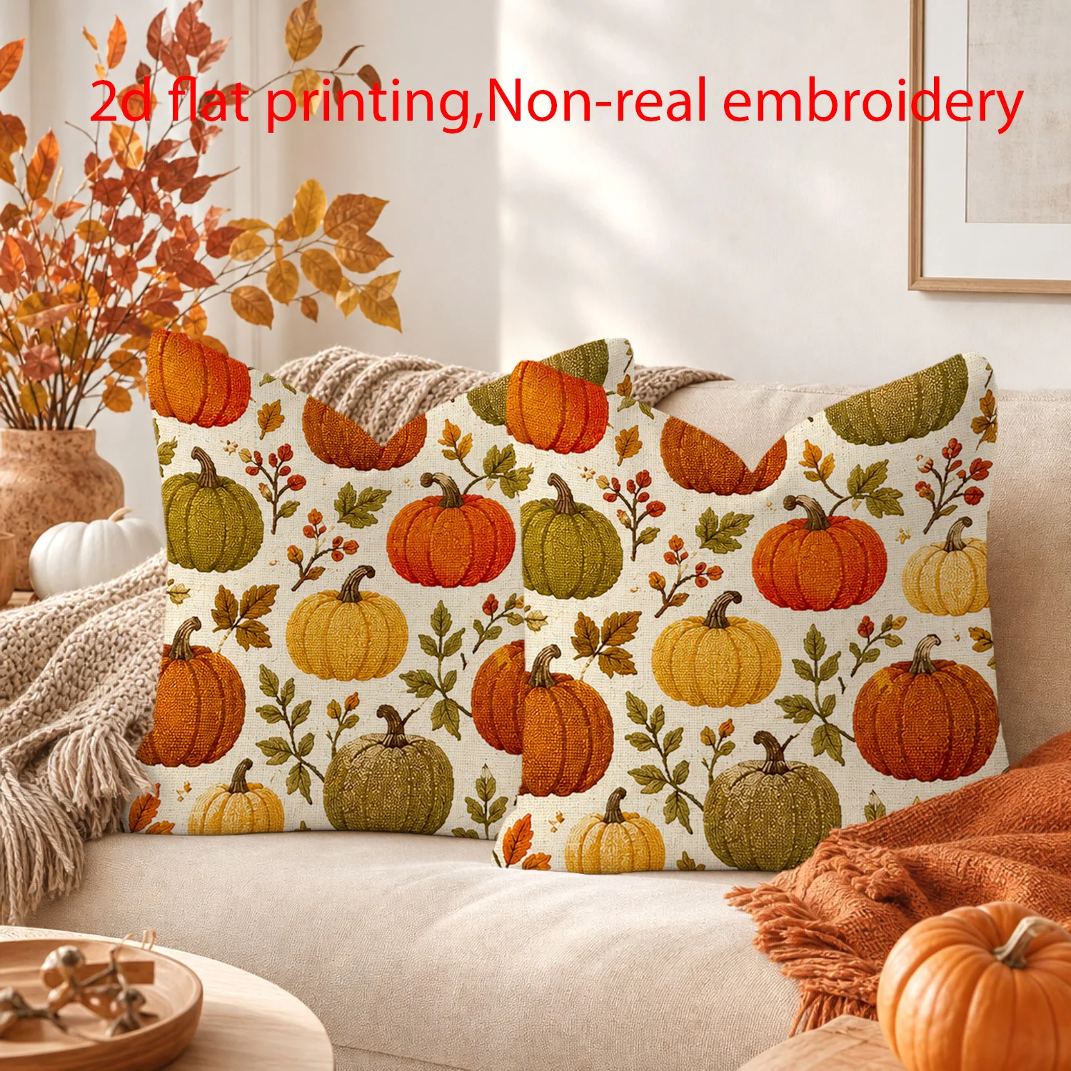 2pcs 2D FLAT Fall Thanksgiving Pumpkin Maple Leaf Throw Pillow Covers Farmhouse Pillow Cover Soft Home Decorative Cushion Case
