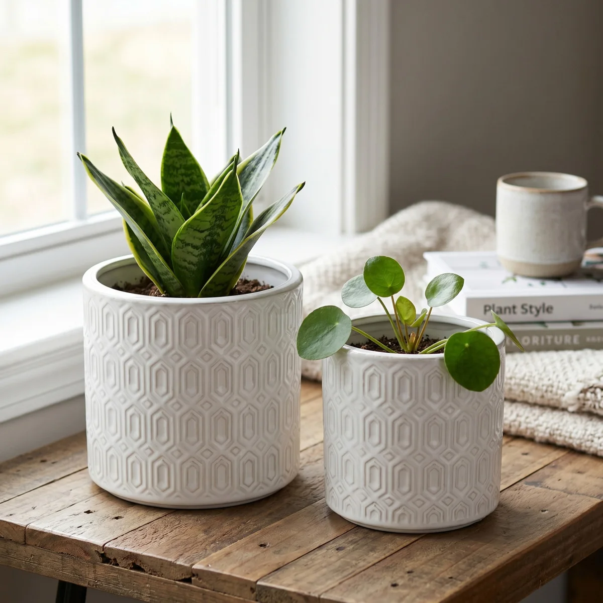 S/2 White Ceramic Planters with Geometric Motifs On-Site