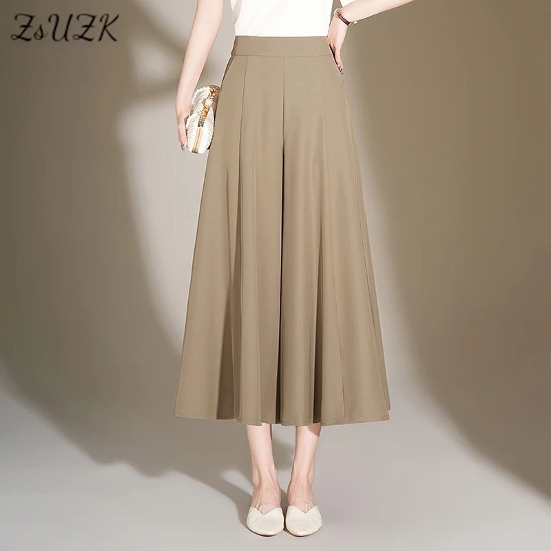 

ZUZK Summer Comfortable Skirt Pants Women New Wide Leg Pants Elastic Waist Slim Breathable Cropped Pants Thin Casual Pants