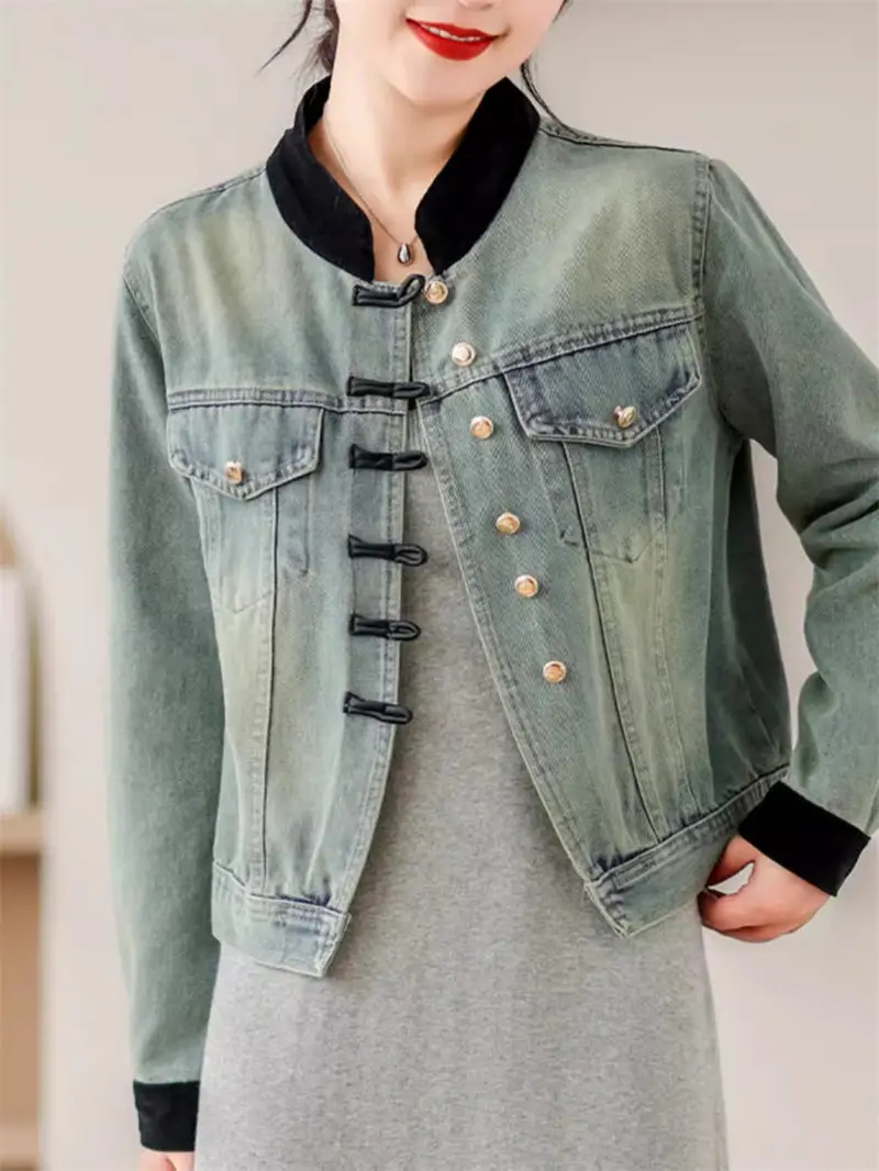 

Fashion Retro Distressed Patchwork Button Denim Short Jacket 2024 Spring Temperament Casual Slim Versatile Top For Women K514