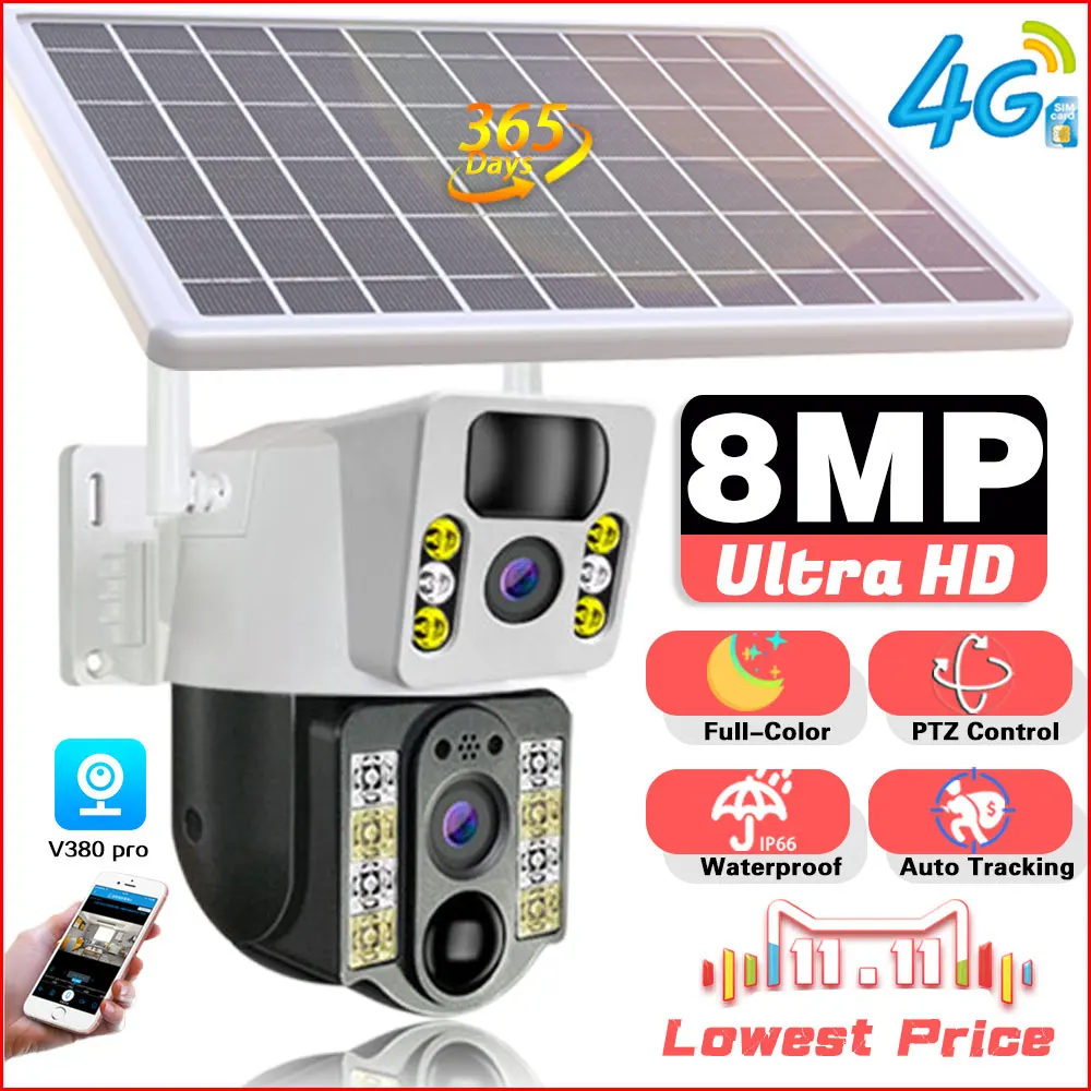 4K HD Video 4G Solar IP Camera Dual Lens Outdoor PIR Human Detection 8MP Wireless Camera Low Powered Smart Security IP Cameras