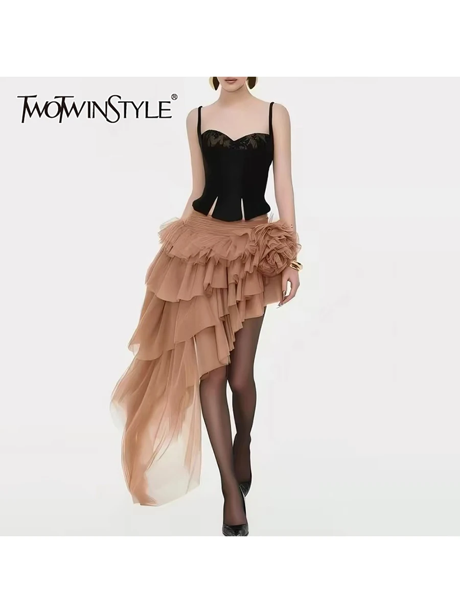 

TWOTWINSTYLE Patchwork Folds Two Piece Sets for Women Square Collar Sleeveless Top High Waist Irregular Skirt Chic Set Female