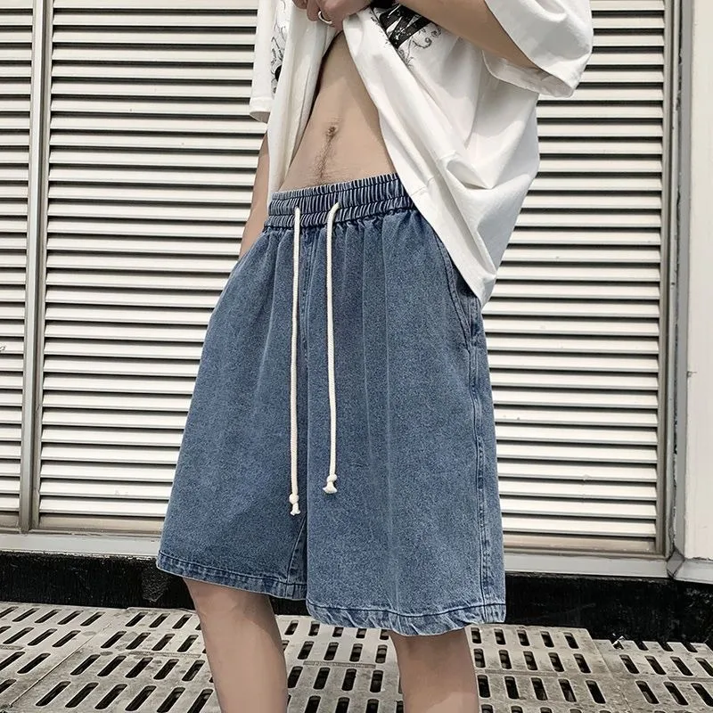 Men's Summer Loose Five Points Denim Shorts Fashion Washed Elastic Waist Straight Drawstring Jeans Shorts