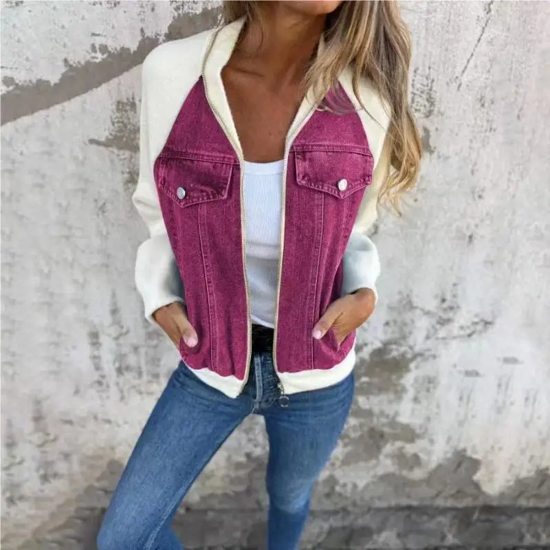 

Autumn Ladies Cowboy Splicing Jacket Fashion Lapel Casual Winter Zipper Windbreaker Streetwear Winter Coat Female Streetwear Top