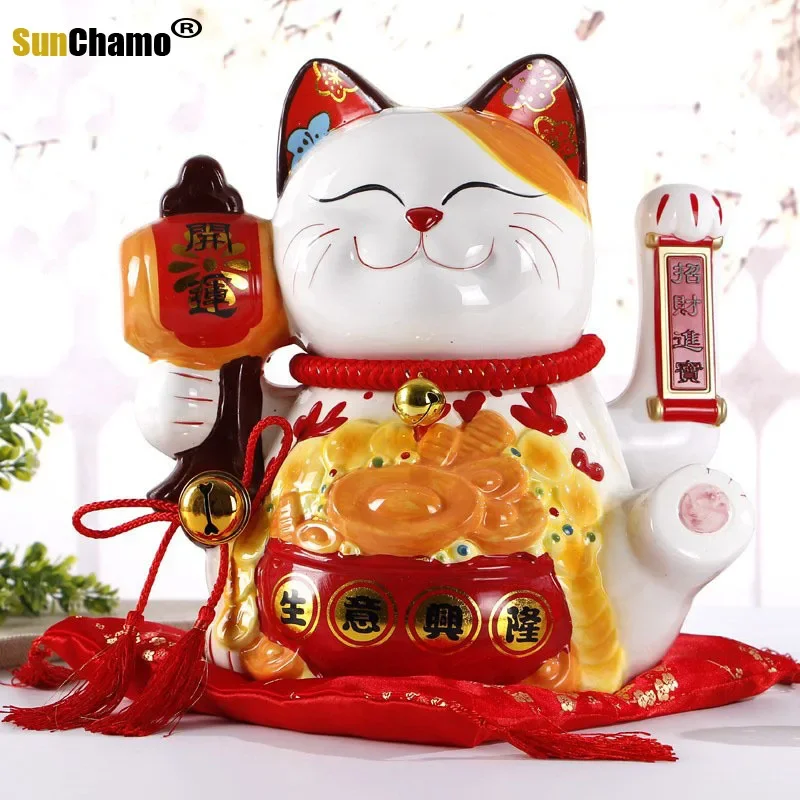 

13 Inch Handicraft Waving Hand Lucky Cat Fortune Cat Gift Maneki Neko Welcoming Feng Shui Crafts Money Box Home Store Decoration