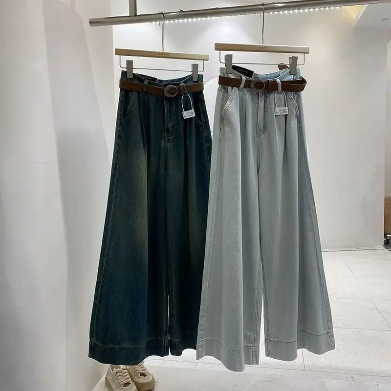 

plus Size Men's Straight Leg Jeans Loose Fit Wide Leg Pants Retro Hong Kong Style Summer Breathable Polyester Fabric Jeans