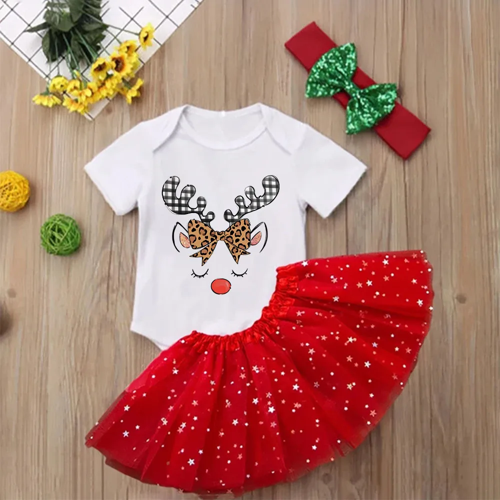 Deer Print Christmas Baby Romper & Tutu Set Christmas Girls Outfit Infant Baptism Short Sleeve Bodysuit Dress Xmas Outfits Skirt