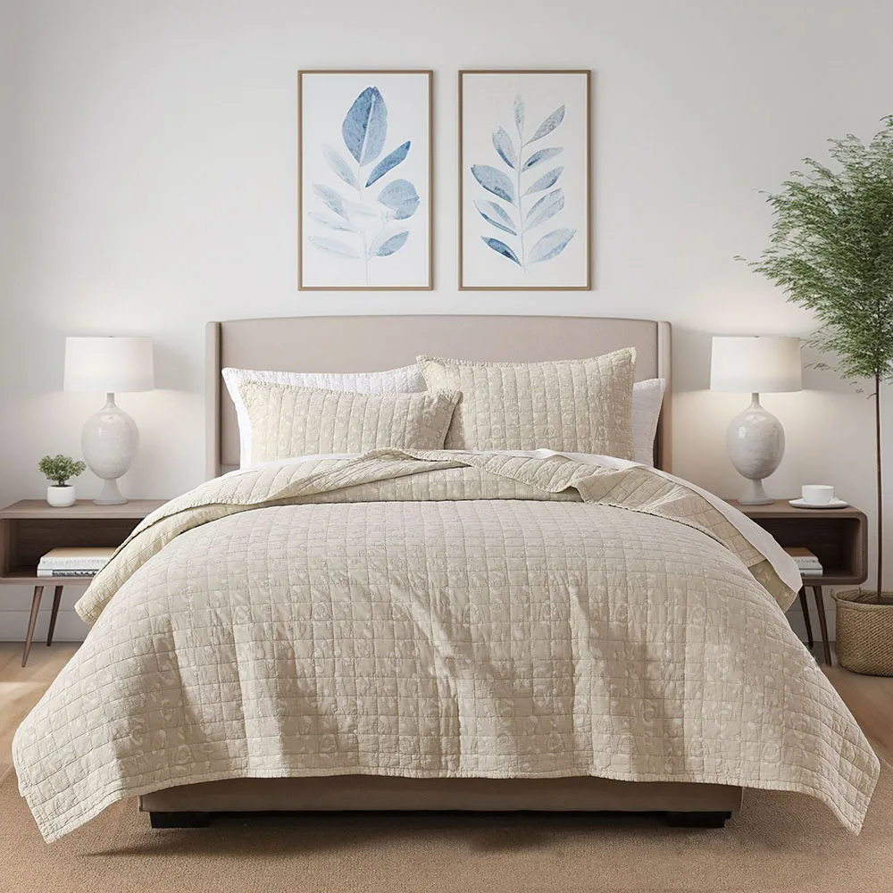 Elegent 3D Rose Printed Quilt 3-Piece Set, Enzyme Washing Cotton and Linen Fabric Soft Sanding Bedspread, Lightweight Comforter