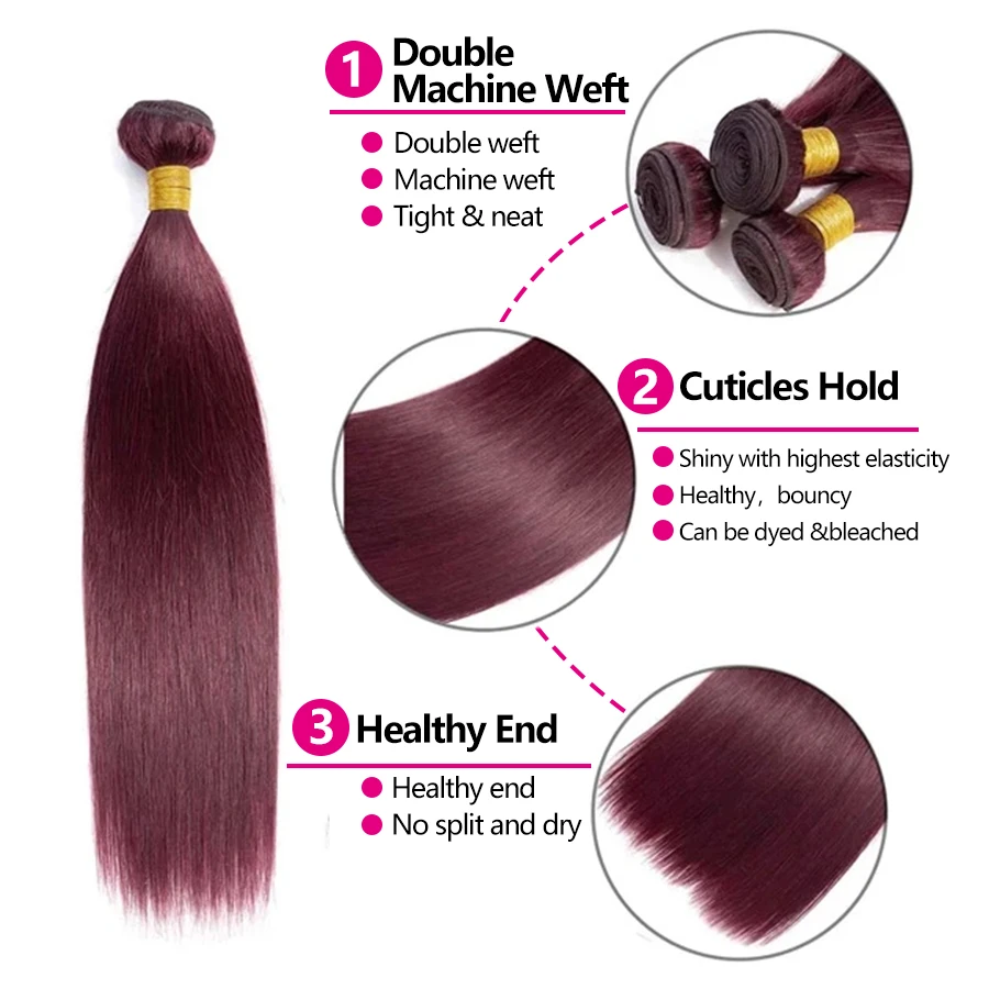 Bundles de cheveux humains raides bordeaux, extensions de cheveux brésiliens colorés, doux, 99j, 12-26 po, 1/3 pièces, 4 pièces