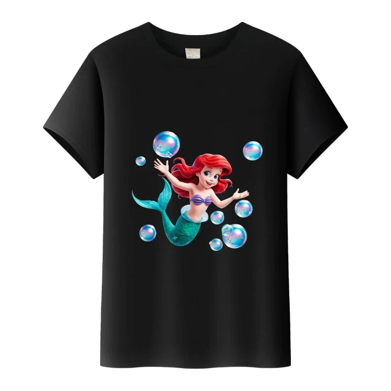 

Cute Disney The Little Mermaid Princess Graphic Girls Tees Black O-Neck Tops Women Clothing Blouses Ladies T-Shirt Summer Tshirt
