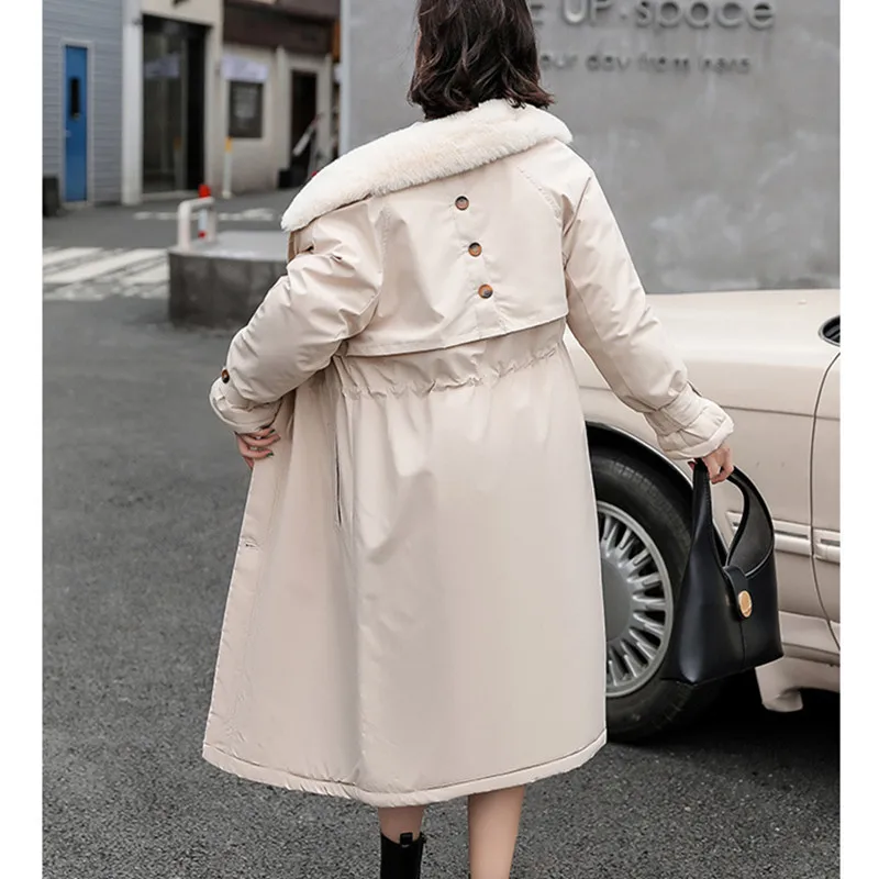 2022 Thick Lamb Wool Down Jacket Women Winter Fur Collar Long Parka Coat Korean Fashion Warm Cotton Outwear Female Slim Trench