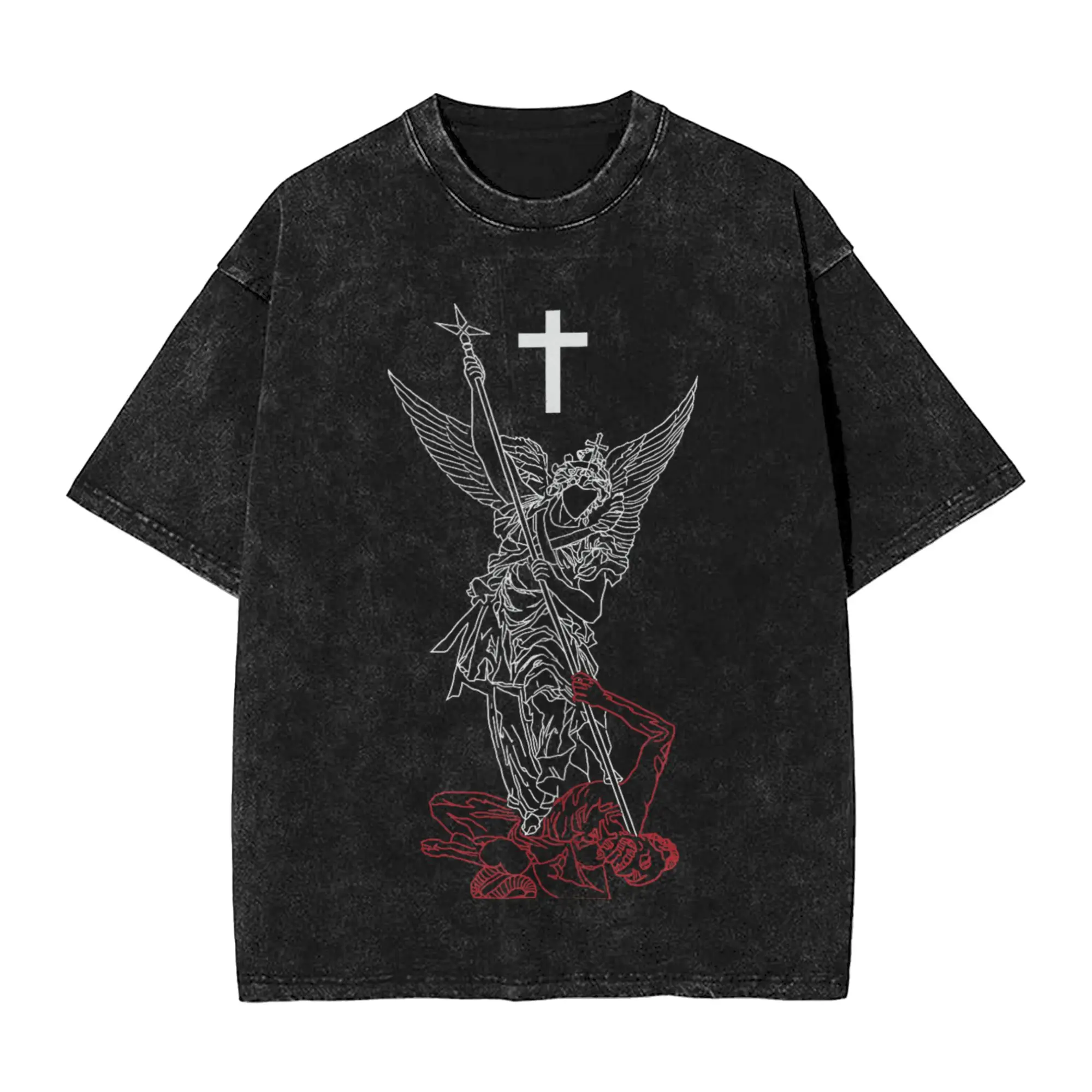 Saint Michael The Archangel Defeating Satan Warrior Faith T-Shirt  Hippie T-Shirts Short Sleeves Aesthetic Tops Cotton Clothes
