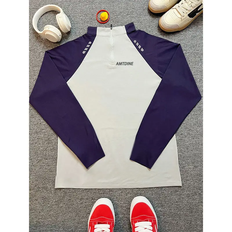 Fuor Seasons Punk Style Fitness Raglan Sleeve Long Sleeves T-Shirts Men Half Zipper Quick Dry Cootrast Color Motion Casual Tops