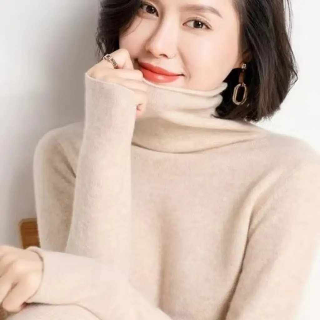 

Women's Soft Waxy 100% Wool Pullover Sweater Slim-fit High Collar Cashmere Top Pile Collar Knitted Base Shirt for Autumn Winter