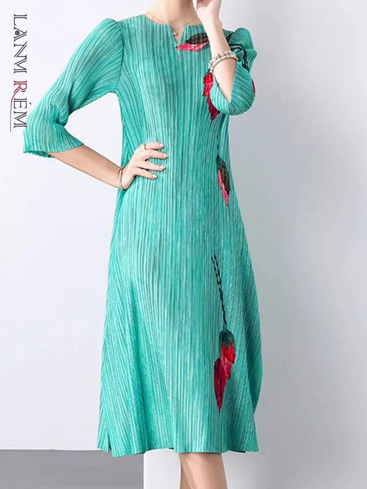 LANMREM, vestido plisado Vintage para mujer, estampado de flores, temperamento fino, adelgazante, vestidos largos de cintura alta, ropa 32DA1226