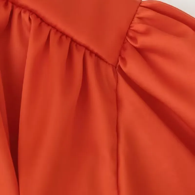 Women‘s Bow Tie High Neck Satin Blouse Orange Long Sleeve Pleated Loose Fit Elegant 2026 Office Workwear Top