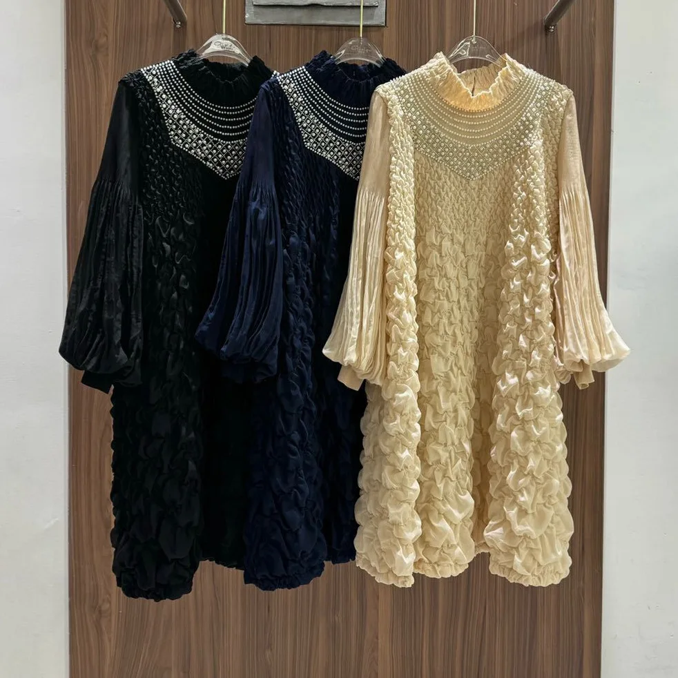 Pleats Pleated Dresses Stapled Beaded Large Size Mid-length Dresses Commuter 2024 Fall Winter Casual Embroidery Skinny Dresses