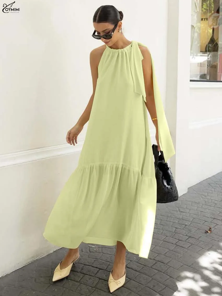 

Oymimi Fashion Yellow Loose Womens Dresses Autumn New O-Neck Lace-Up Sleeveless Dresses Elegant Ruffled Mid-Calf Dress Female