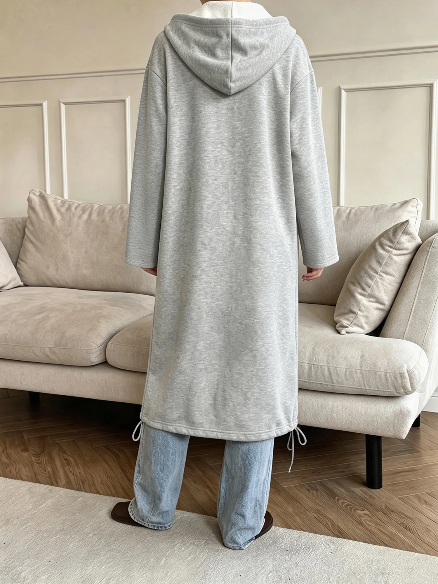 Casual Women Longline Hooded Sweatshirt Full Zipper Front Drawstring Hem Oversized Outer Coat