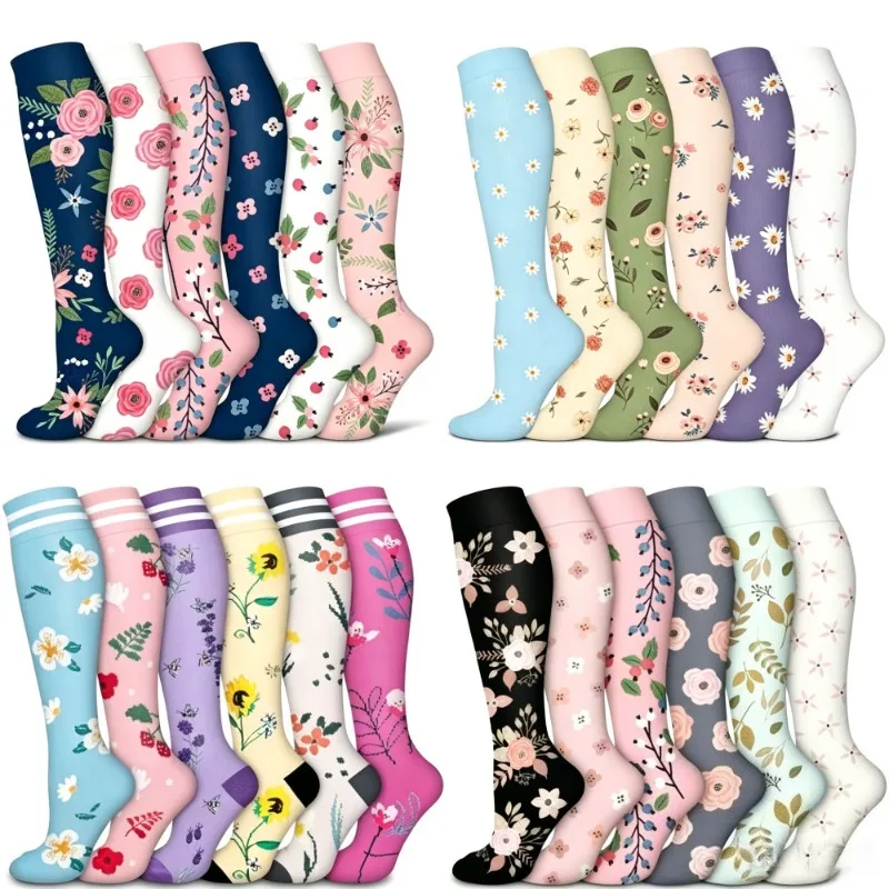 6 Pairs 20-30mmHg Knee High Floral Compression Socks for Women Men Soft Breathable Support Socks for Running Hiking Nurse Travel