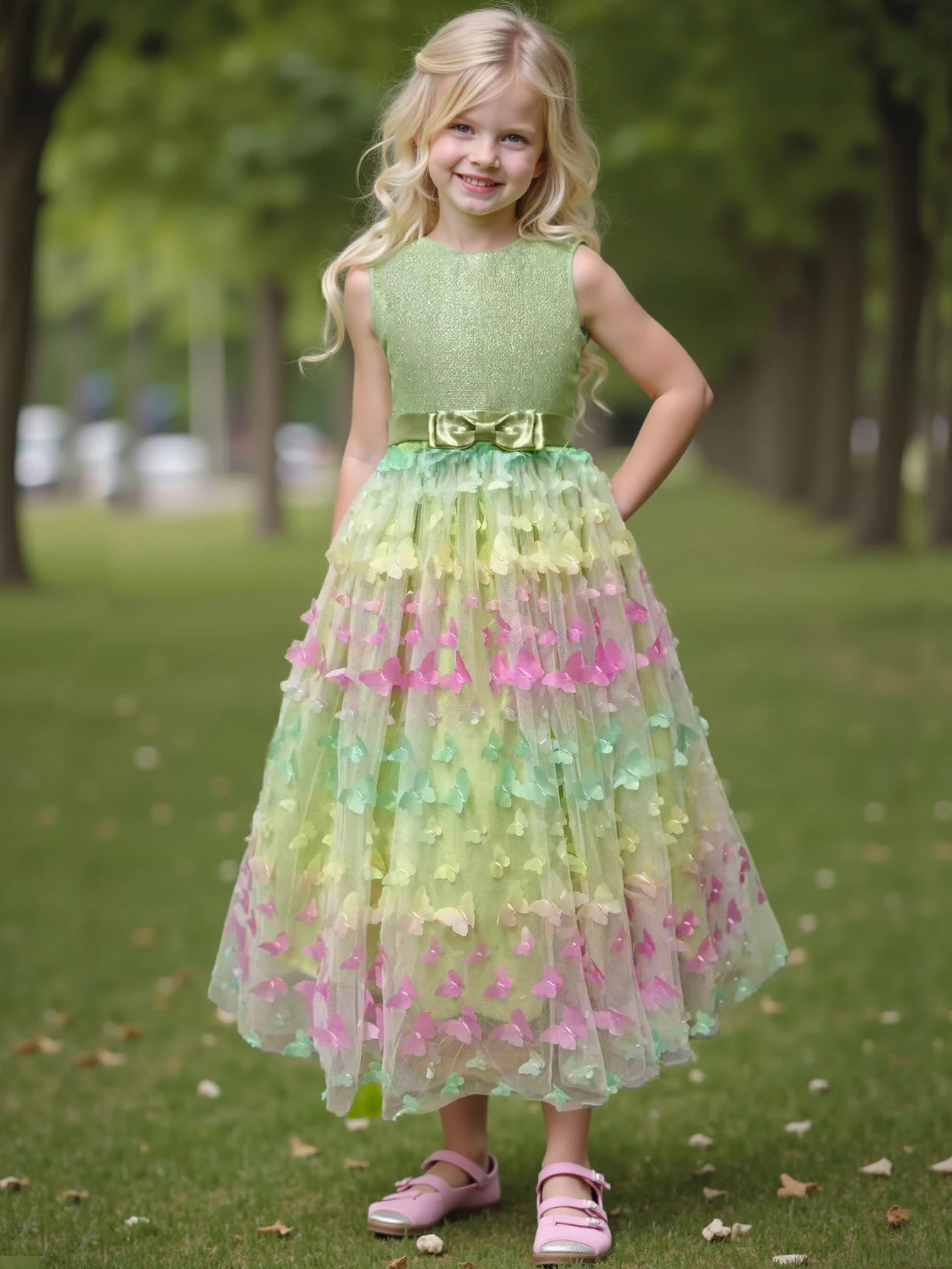 Girl\'s New Three-Dimensional Butterfly Sleeveless Mesh Bow Long Princess Dress Wedding Flower Girl Birthday Party Elf Dress