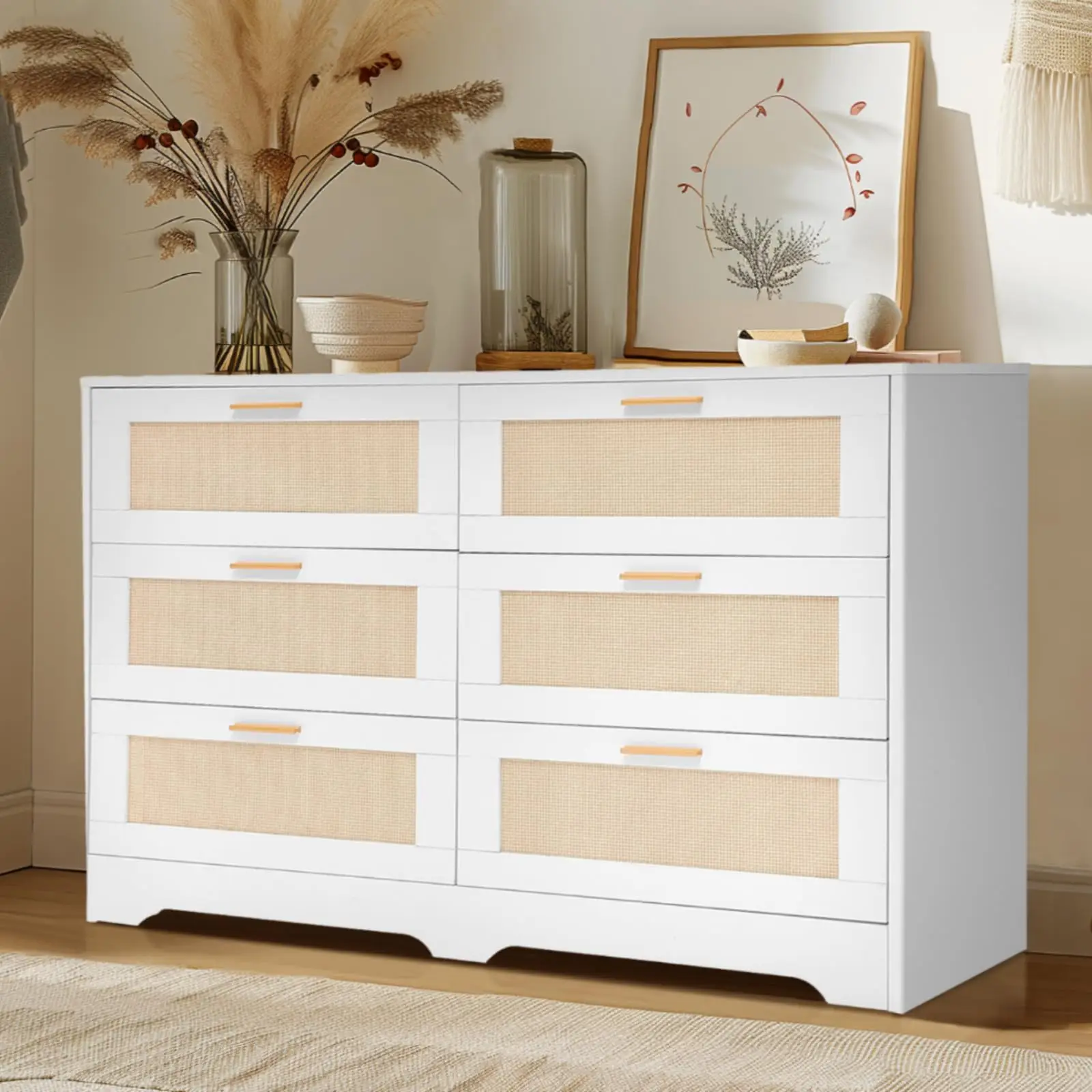Redlife Rattan Dresser for Bedroom, 6 Drawer Dresser with Golden Handles, Wood Storage Chest of Drawers for Closet, Living Room, Hallway and Entryway - Easy Assembly