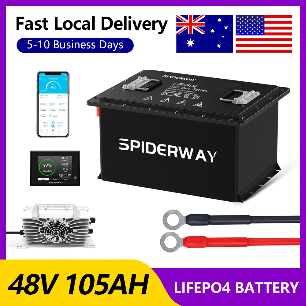 48V 105Ah Bluetooth LiFePO4 Lithium Battery with 200A BMS 6000+ Cycle, W/ Charger for John Deere Electric Gator Utility Vehicle