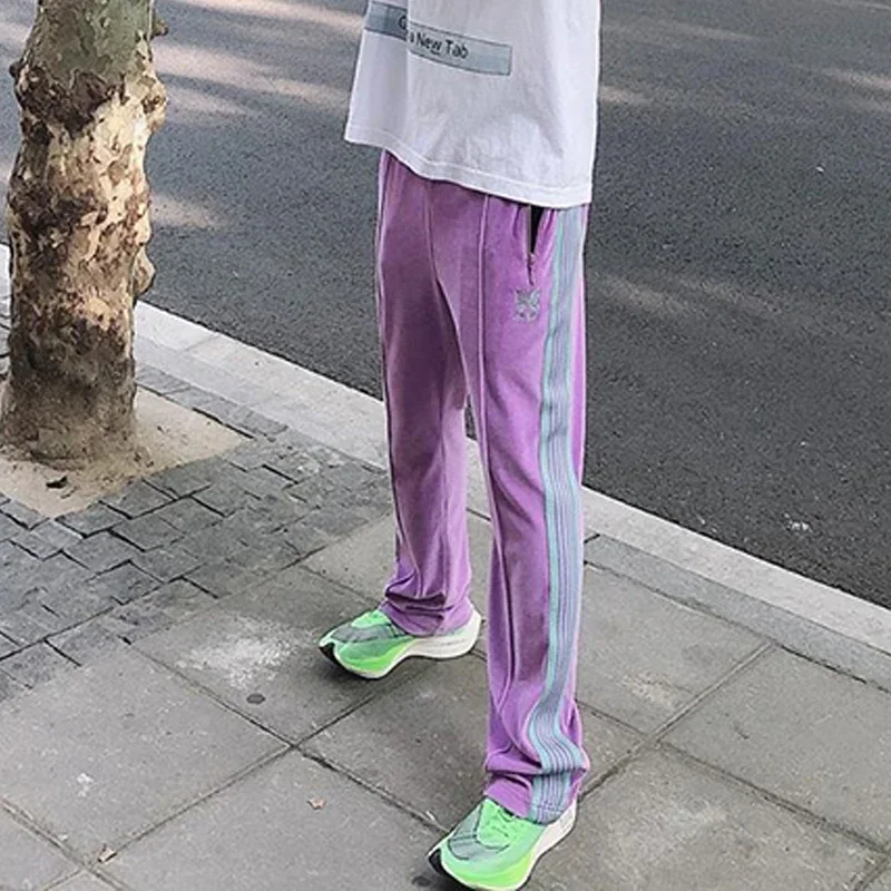 Cotton Velvet Webbing Track Stripe Pants Butterfly Embroidery Purple Sweatpants Men Women Classic 1:1 Oversized Trousers