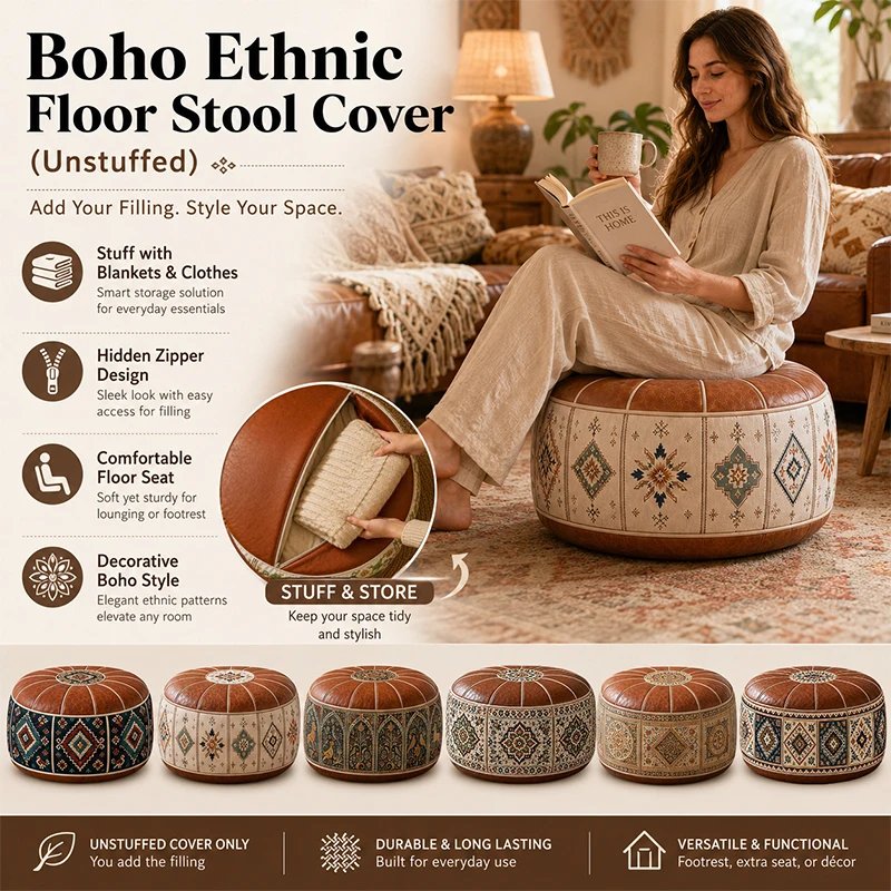 Moroccan PU Leather Pouf Embroider Crafts Clothes Storage Bag Ottoman Home Decor Artificial Leather Unstuffed Cushion Cover