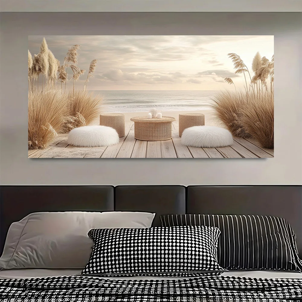 Modern Retro-Style 2D Flat Featuring a Beachside Serenity Scene with Wicker Furniture. Printed Poster Serves As an Elegant Decor