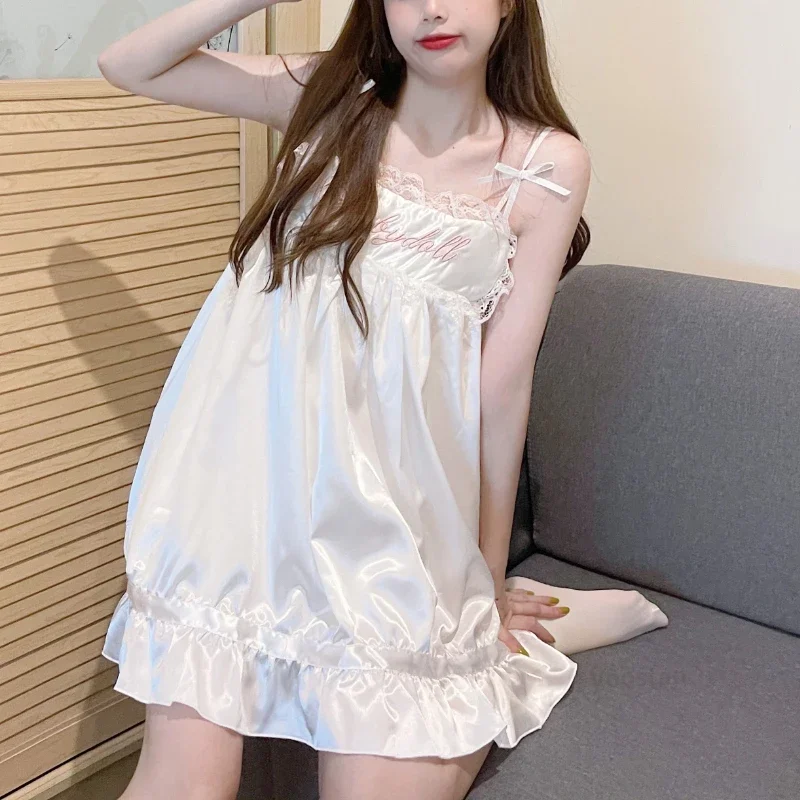 Summer Sweet Lolita Princess Pajamas Mini Dress Women Casual Cute Letter Embroidery Straps Nightdress Kawaii Girls Loungewear