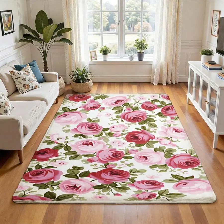 Soft Flannel Area Rug With Pink Roses Floral Pattern Anti-Slip Backing For Living Room Bedroom