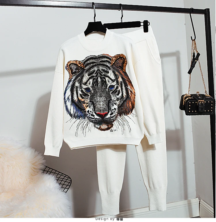 Beadings Tiger Knitted Sweater Pullover Pencil Pant Suit Women O Neck Casual Tracksuit Sports Two-piece Set Plus Size