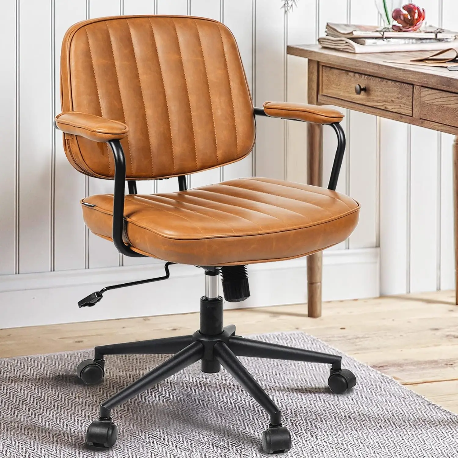 

Brown Leather Desk Chair, Mid Desk Chair For Adjustable Height And Backrest, Ergonomic Office Chairs With A And