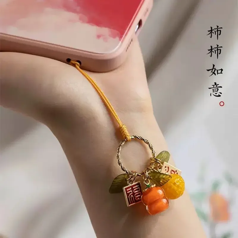 Colgante de cadena de teléfono móvil de caqui de diseño Simple, alto valor de belleza, exquisito bolso naranja de moda nacional, cordón, regalo de pareja